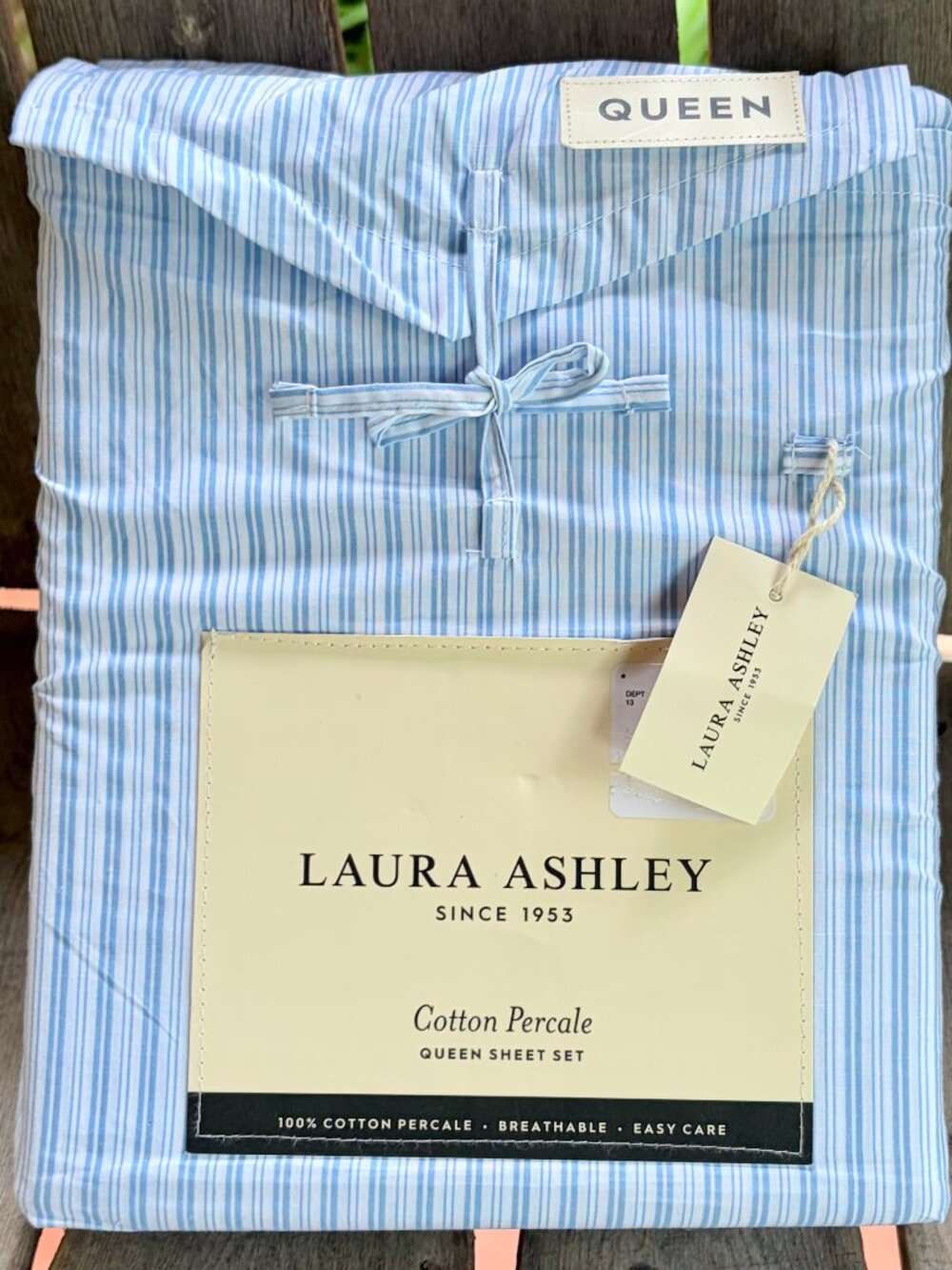Laura Ashley Queen Size Blue Bedford Skinny Stripe Sheet Set (cotton percale)